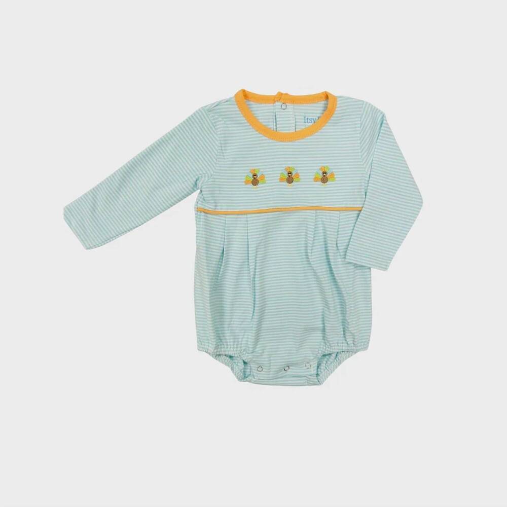 NEW ITSY BITSY boy's turkey bubble romper in blue